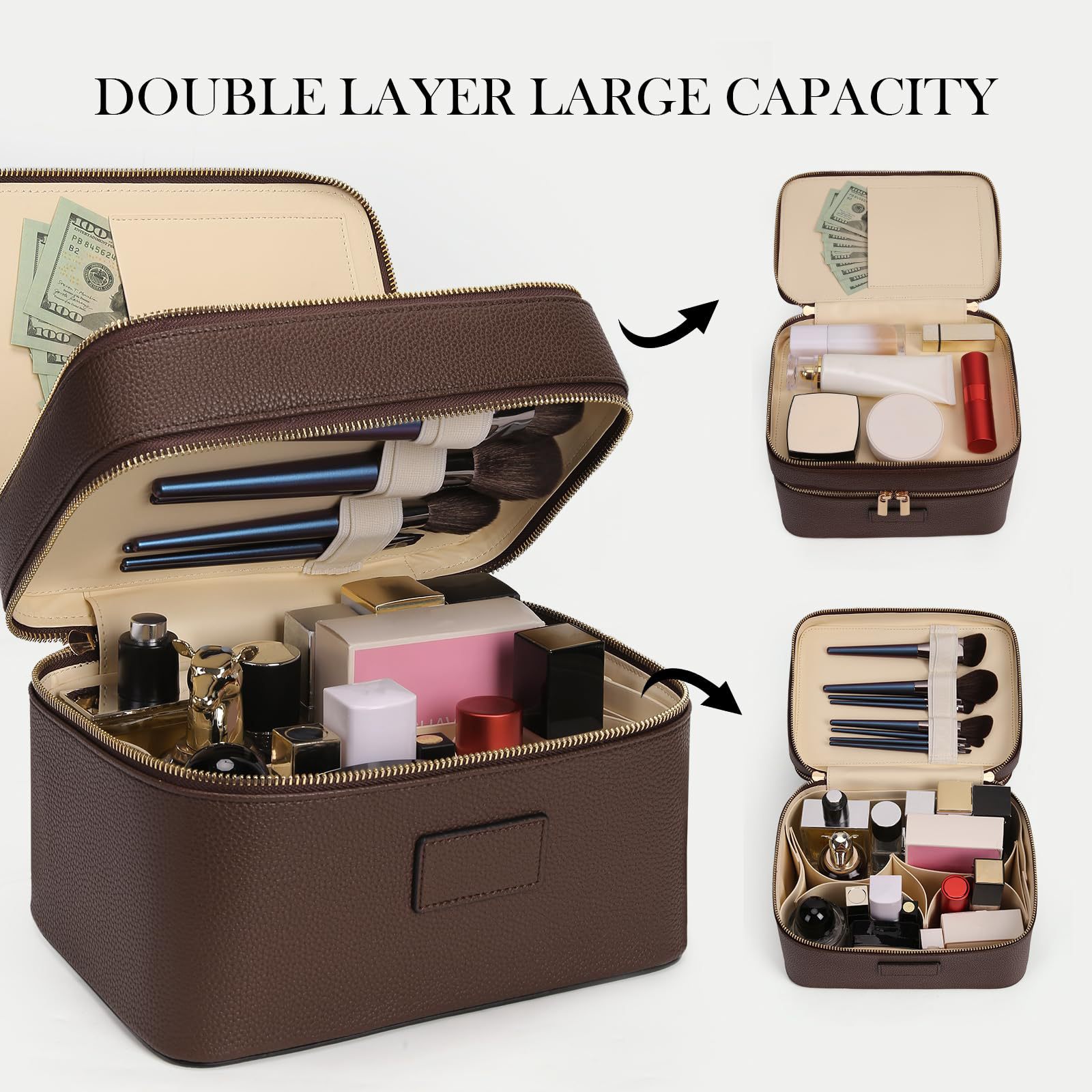 Travel Accessories Leather - กระเป๋าเครื่องสำอางค์สองชั้นขนาดใหญ่ ดีไซน์หรูหรา สำหรับเดินทาง พร้อมหูหิ้ว พกพาสะดวก ทำจากหนัง