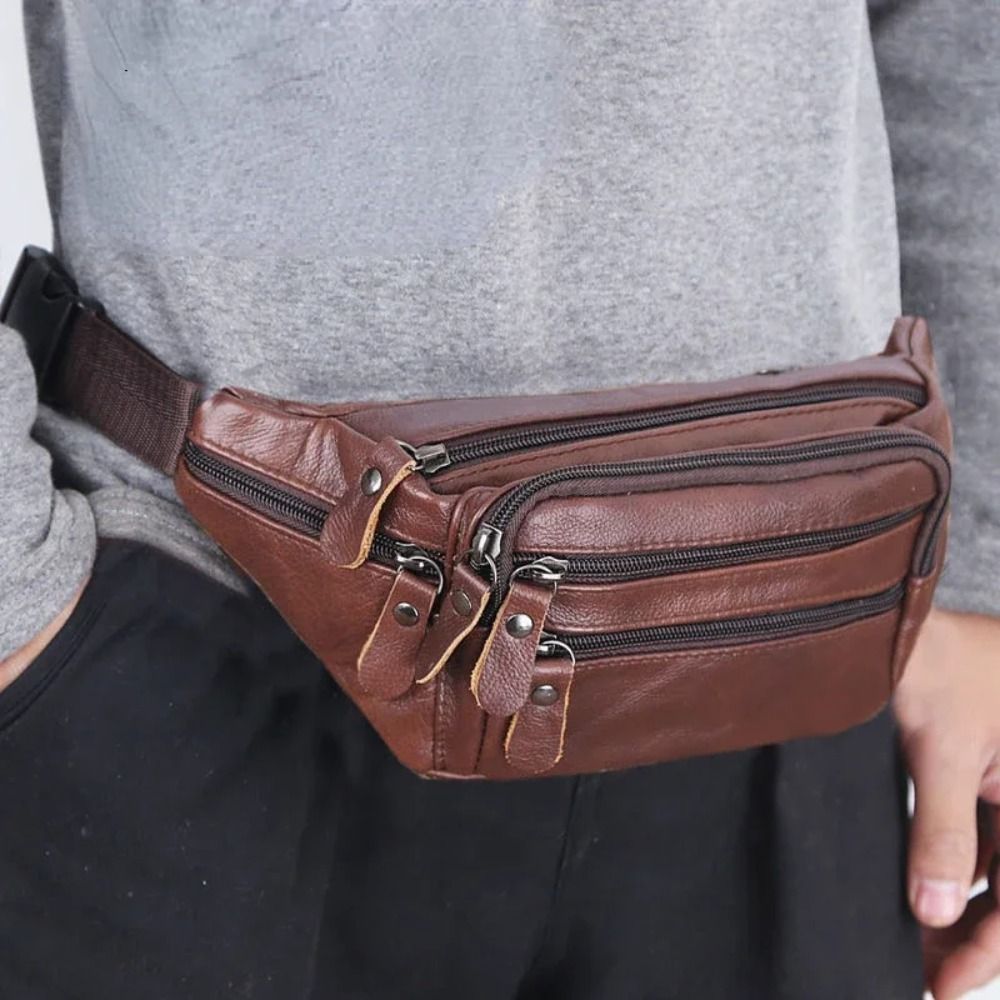 Travel Accessories Leather - กระเป๋าคาดเอวหนัง PU สำหรับผู้ชาย กระเป๋าใส่โทรศัพท์สำหรับเดินทางความจุขนาดใหญ่หลายชั้น กระเป๋าคาดเอวแบบซิปกันน้ำ