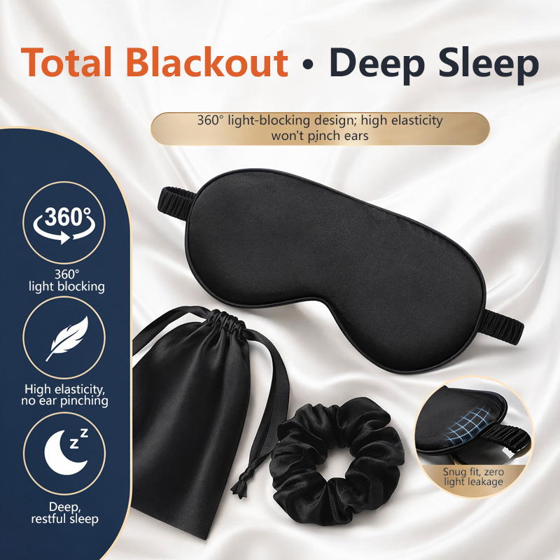 Eye Mask Sleep Travel - ชุดผ้าปิดตาไหม 3 ชิ้น ปิดกั้นแสง ไม่กดทับ ป้องกันเส้นผม